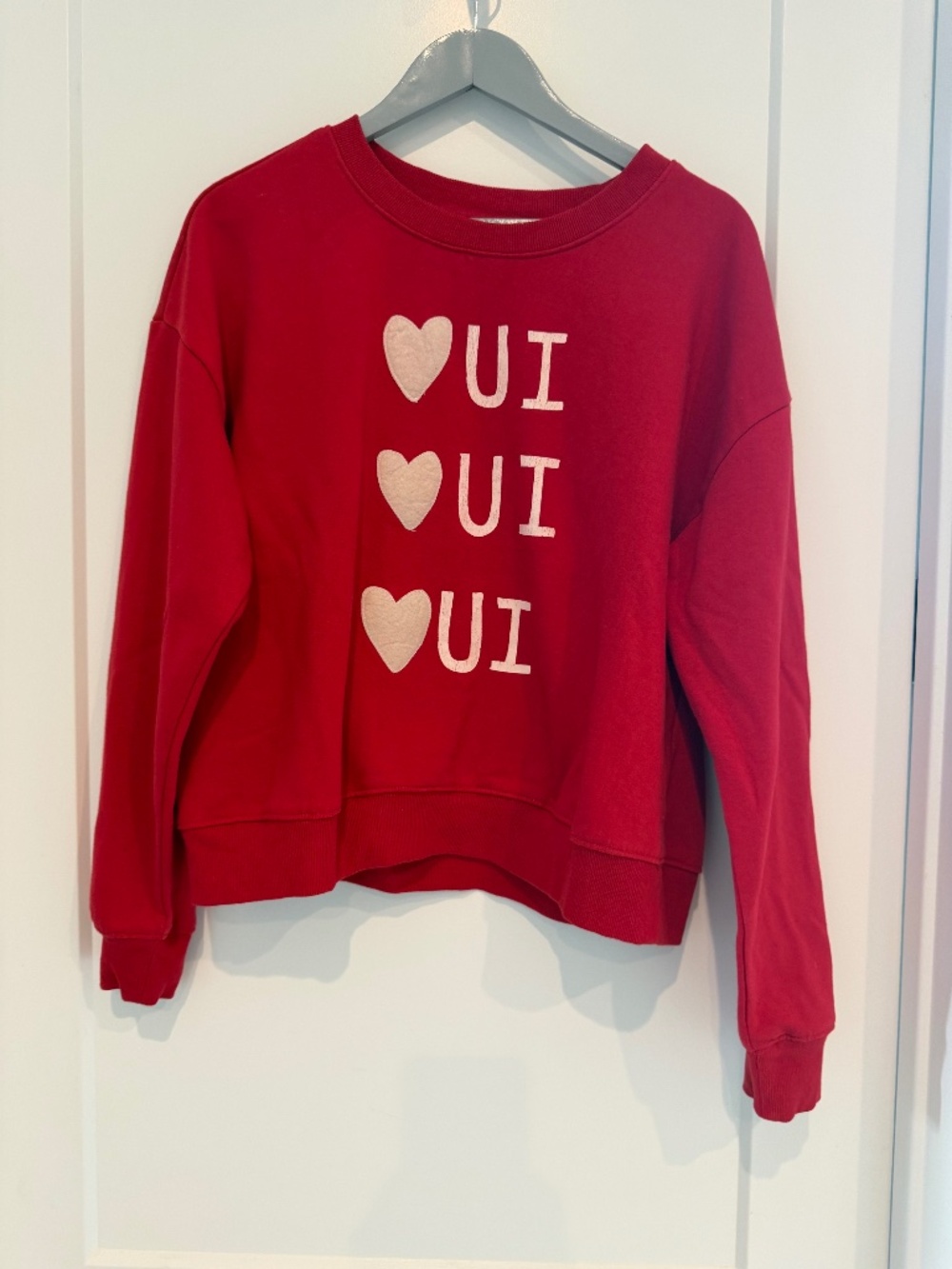 Anthropologie Maeve Red Sweatshirt Art by Rebecca Mayfield Oui Oui Oui Medium